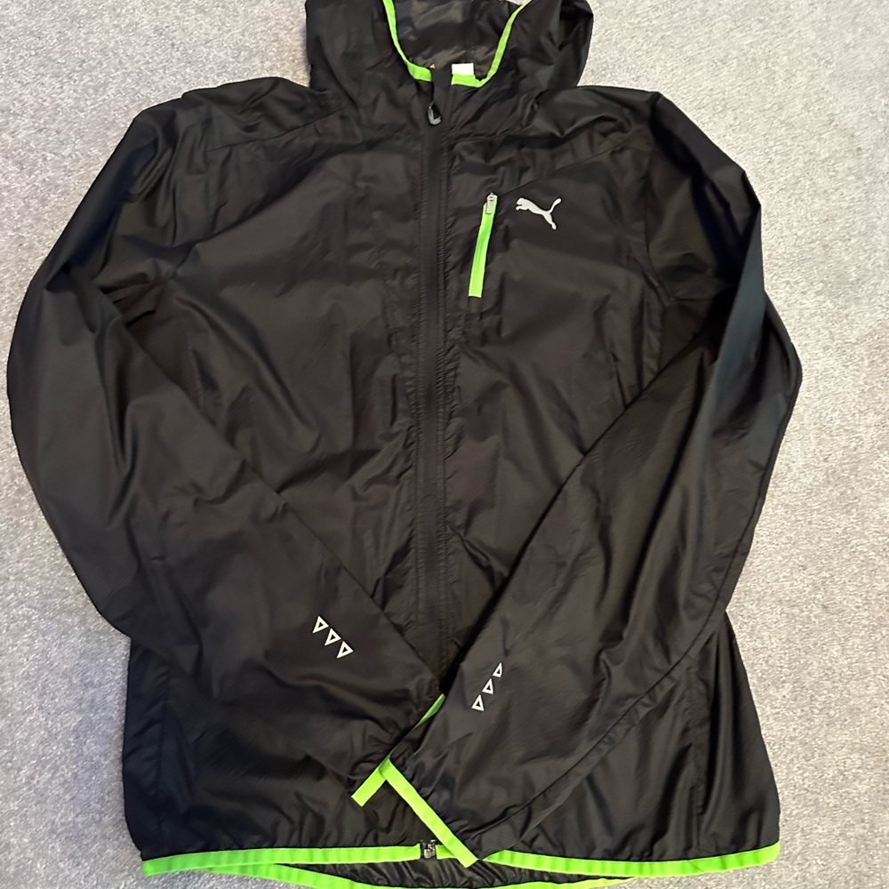 Puma Men's Black Windbreaker with Neon Green Highlights